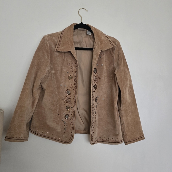 Chicos Women's Jacket Leather Open Front Collared W/ Lining Embroidery - Picture 1 of 9